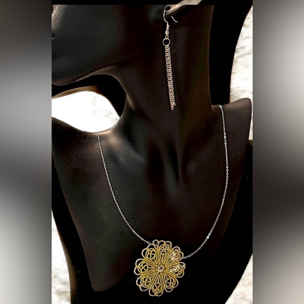 Elegant Gold beaded and Silver Necklace and Earring Set NEW IN BOX